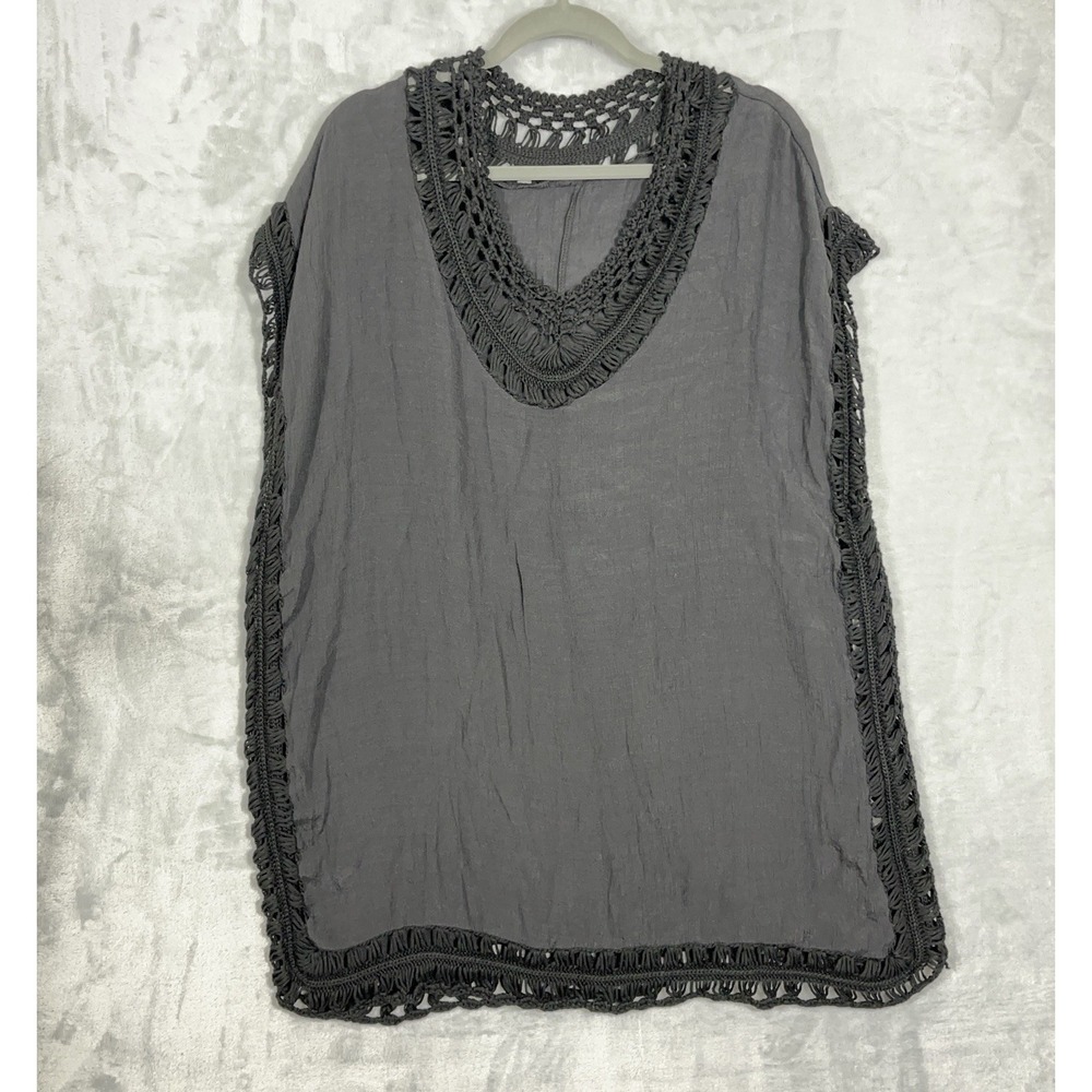 Black Coverup Tunic Crochet Trim V-neck‎ Sheer Lightweight~One Size~Beach Pool